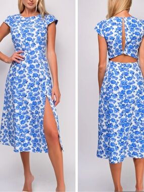 Emprada Zahra Blue Ivory Ditsy Floral Side slit Cutout Back Midi Dress size XS